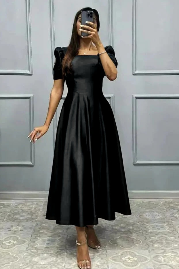 Elegant Square A Line High Waist Pleated Prom Dress With Short Sleeves BMBRIDE