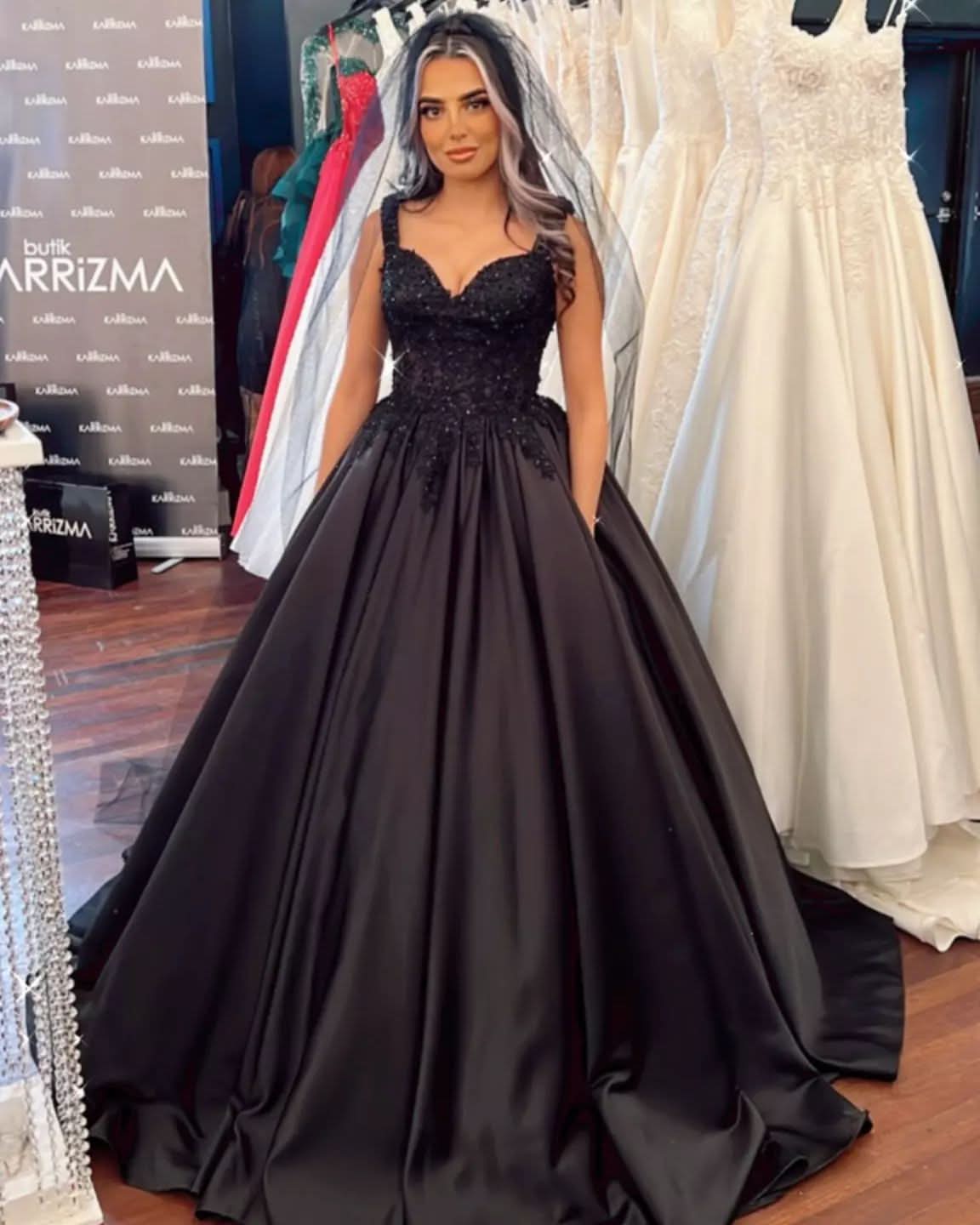 Black Sweetheart Wide Strap Ball Gown Floor-Length Wedding Dress with Ruffles and Satin BM bride