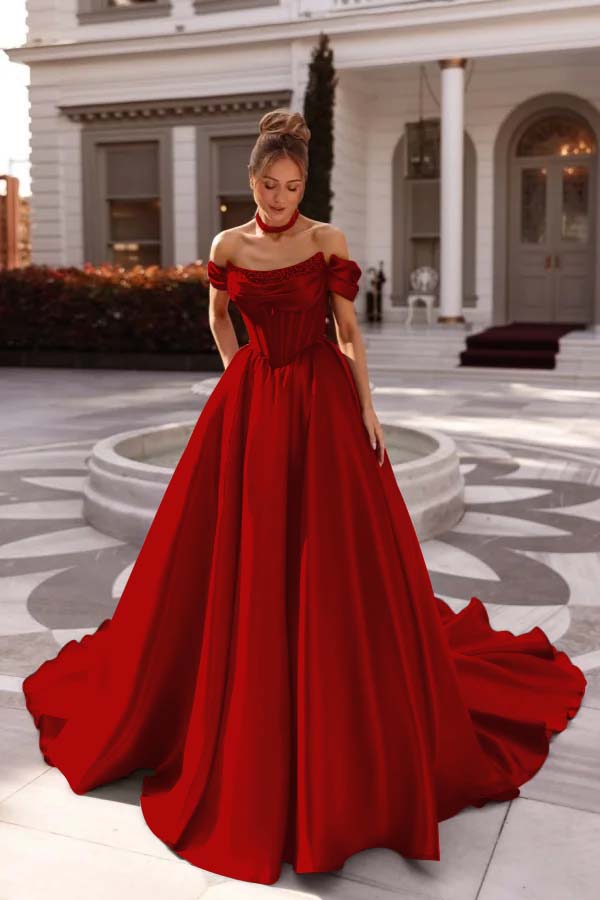 Off the Shoulder Sleeveless Long Prom Dress With Pleated Beading