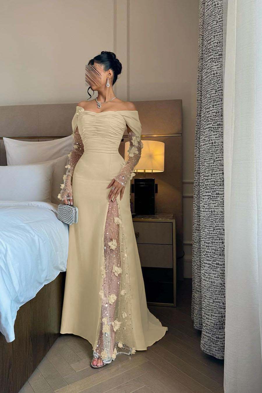 Off the Shoulder Long Sleeves Long Prom Dress With Split Appliques BMBRIDE