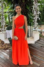 Stunning One Shoulder Sleeveless Long Split Prom Dress With Pleated