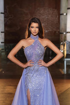 Charming Purple Evening Dress Sleeveless Strapless with Tulle Slit Sequins BM bride
