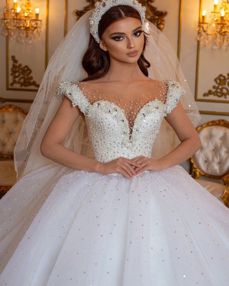 Glamorous Off-the-Shoulder Beaded Princess Wedding Dress with Pearl and Tulle BM bride