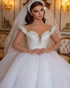 Glamorous Off-the-Shoulder Beaded Princess Wedding Dress with Pearl and Tulle BM bride
