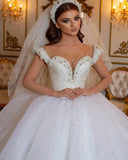 Glamorous Off-the-Shoulder Beaded Princess Wedding Dress with Pearl and Tulle BM bride