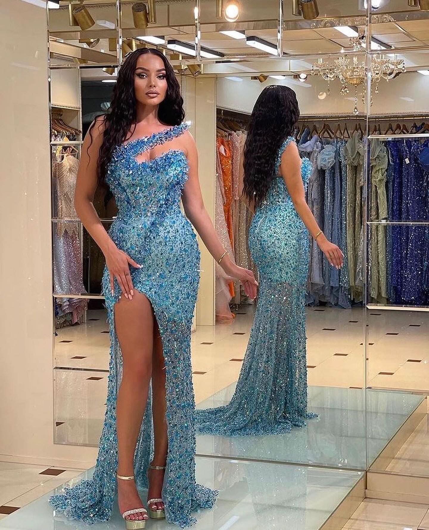 Vintage Blue Beadings Strapless Mermaid Prom Dress with Split BM bride