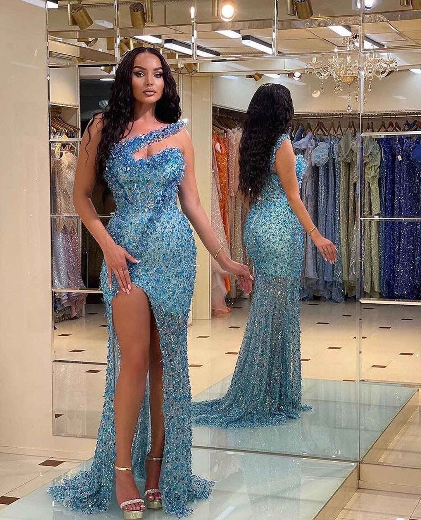 Gorgeous Blue Strapless Mermaid Prom Dress Split With Beadings