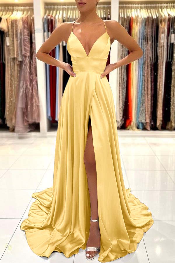 Simple Blue A Line Sleeveless Spaghetti Strap Split Prom Dress With Open Back BMBRIDE