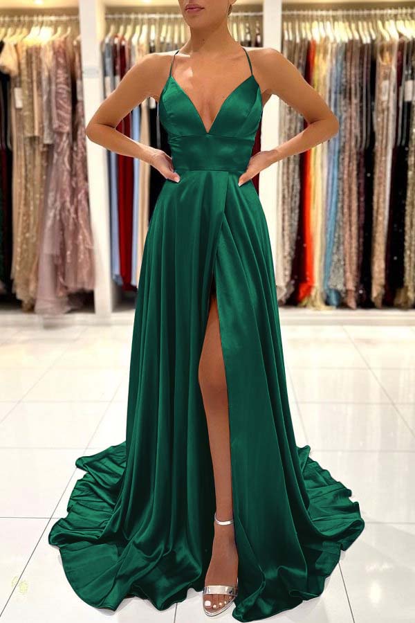 Simple Blue A Line Sleeveless Spaghetti Strap Split Prom Dress With Open Back BMBRIDE