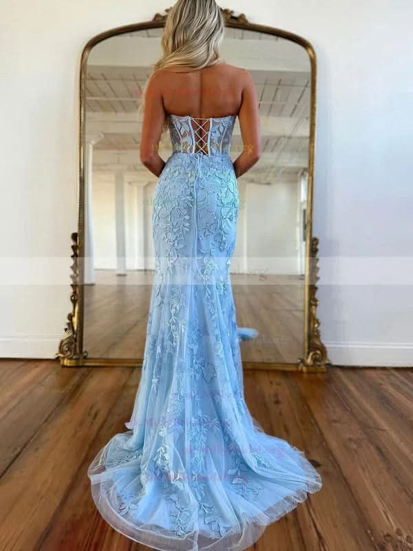 Baby Blue V-Neck Backless Mermaid Tulle Prom Dress with Lace Printing BM bride