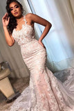 Mermaid Spaghetti Strap Wedding Dress with Open Back and Lace BM bride