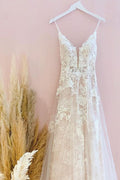 Stunning A-Line Tulle Wedding Dress with Spaghetti Straps and Lace Appliques BM bride