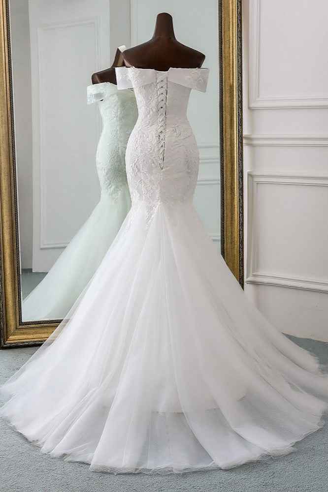 Off-the-Shoulder Long Mermaid Wedding Dress with Tulle Lace BM bride
