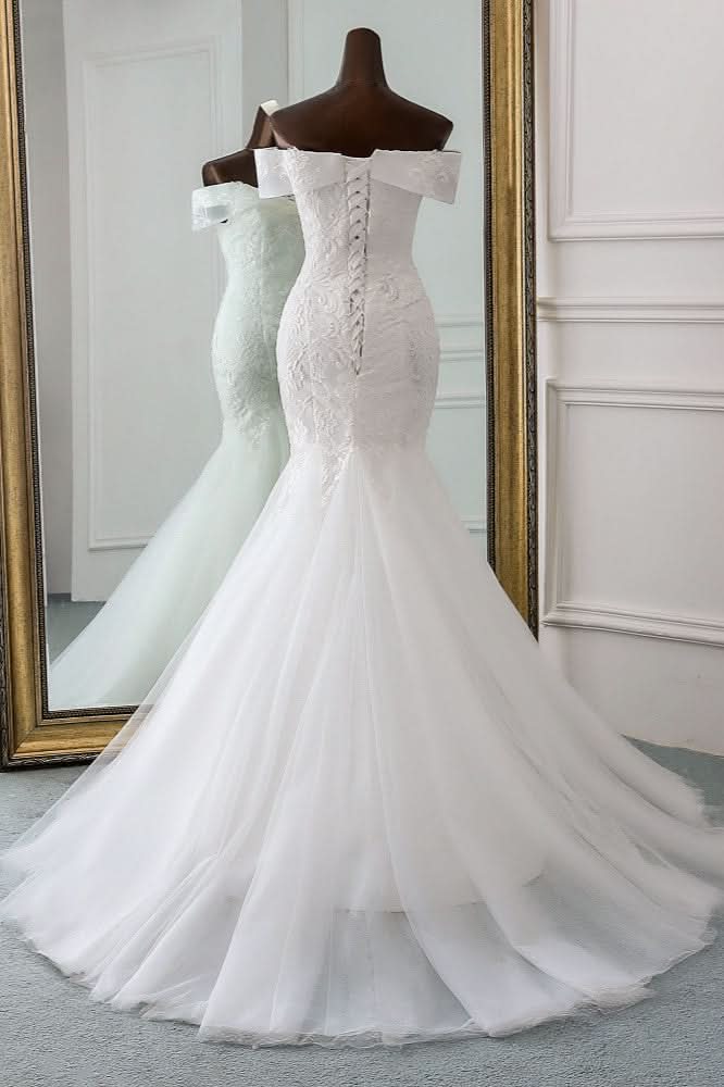 Off-the-Shoulder Long Mermaid Wedding Dress with Tulle and Lace BM bride