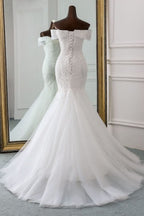 Off-the-Shoulder Long Mermaid Wedding Dress with Tulle and Lace BM bride