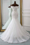 Off-the-Shoulder Long Mermaid Wedding Dress with Tulle Lace BM bride