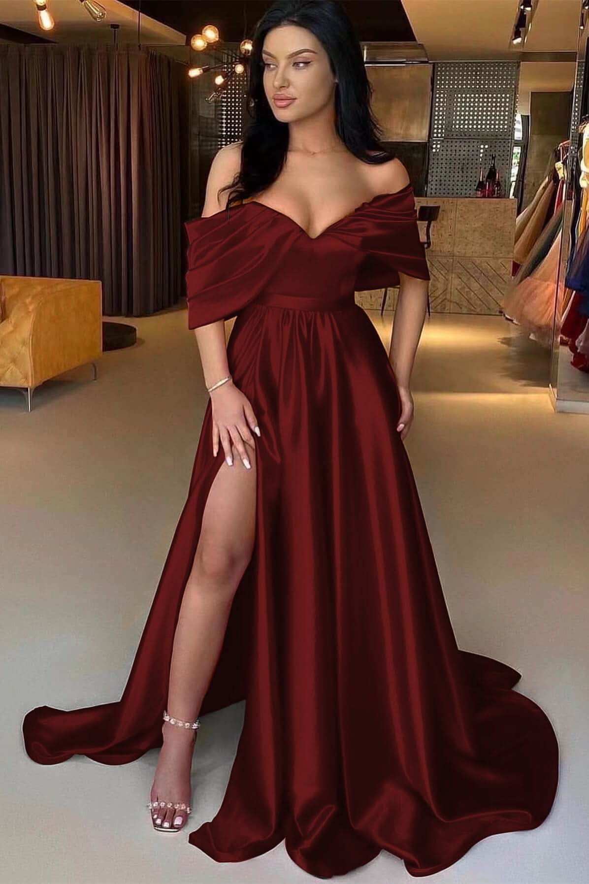 Red Off-The-Shoulder A-Line Prom Dress with Split BM bride