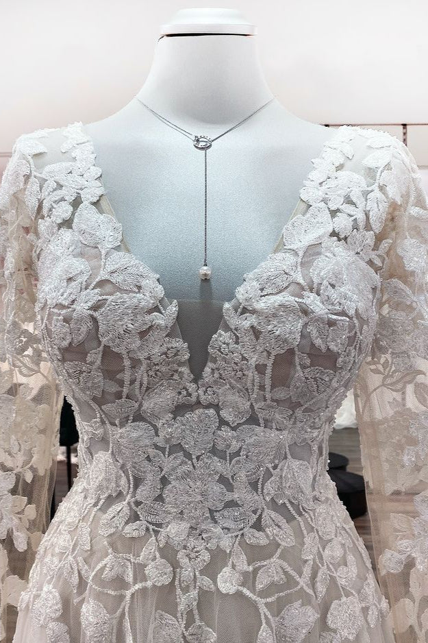 Long Sleeve A-Line Lace Wedding Dress with Open Back and Tulle Appliques BM bride