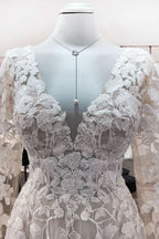 Long Sleeve A-Line Lace Wedding Dress with Open Back and Tulle Appliques BM bride