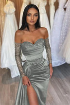 Black Prom Dress Sweetheart Short Sleeves with Pleated Slit BM bride