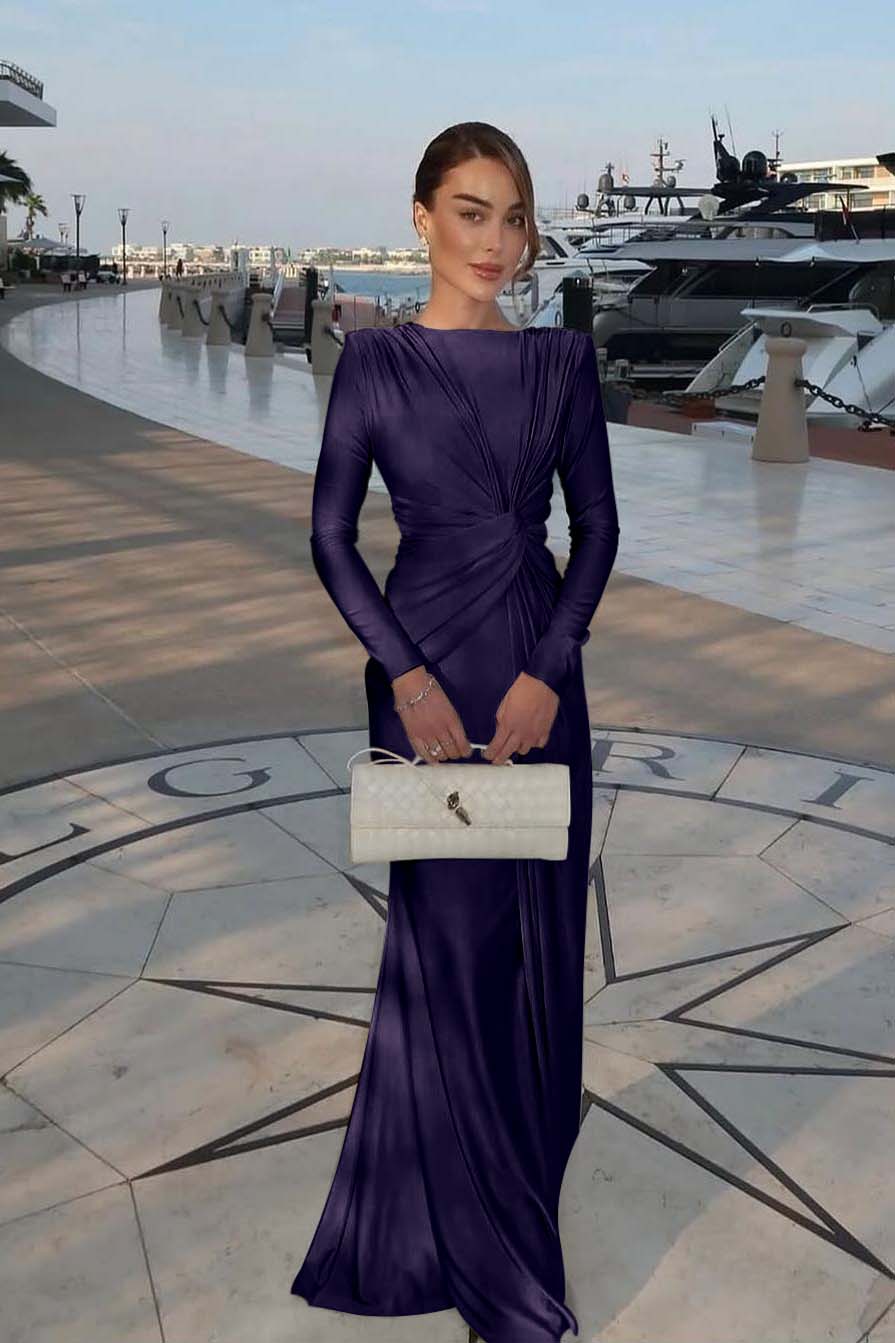 Chic Jewel Long Sleeves Mermaid Long Prom Dress With Pleated BMBRIDE