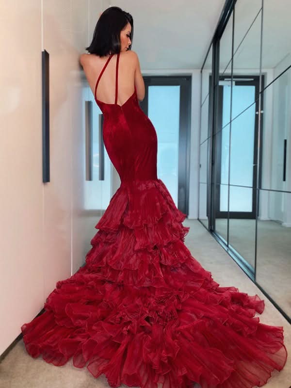 One Shoulder Burgundy Mermaid Prom Dress BM bride