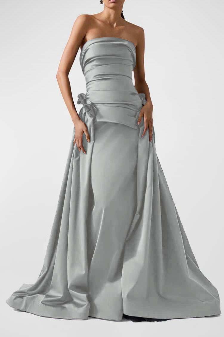 Strapless Backless Sleeveless Long A Line Prom Dress With Pleated BMBRIDE