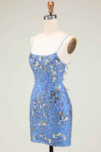 Sparkly Blue Sequined Beaded Backless Tight Short Homecoming Dress