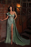 Green Sequins Prom Dress One Shoulder Charmeuse Sleeveless with Trail and High Slit BM bride