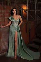 Green Sequins Prom Dress One Shoulder Charmeuse Sleeveless with Trail and High Slit BM bride
