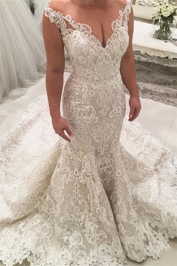 Deep V-Neck Spaghetti-Strap Floor-Length Mermaid Prom Dress with Lace Appliques BM bride