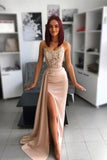 Chic Pink Evening Dress Prom Dress with Applique Belt and Slit BM bride