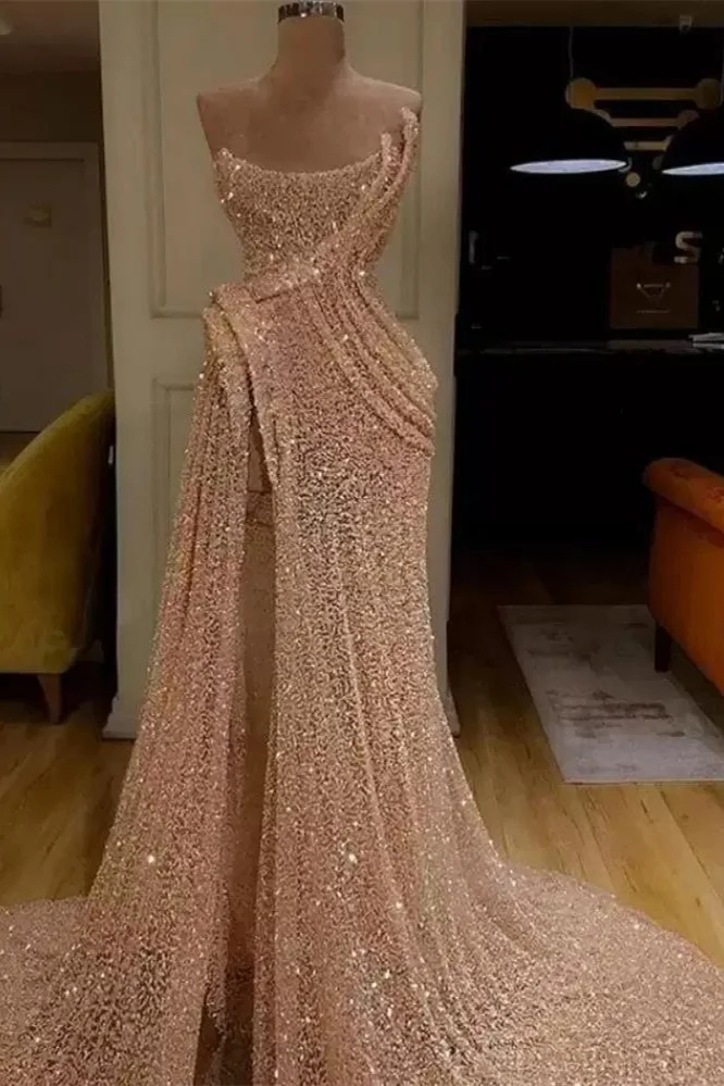 Sequin Strapless Sleeveless Long Mermaid Prom Dress With Split BMBRIDE