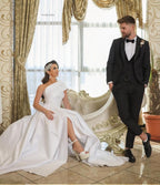 Long Sleeveless A-Line One-Shoulder Satin Wedding Dress with Slit BM bride