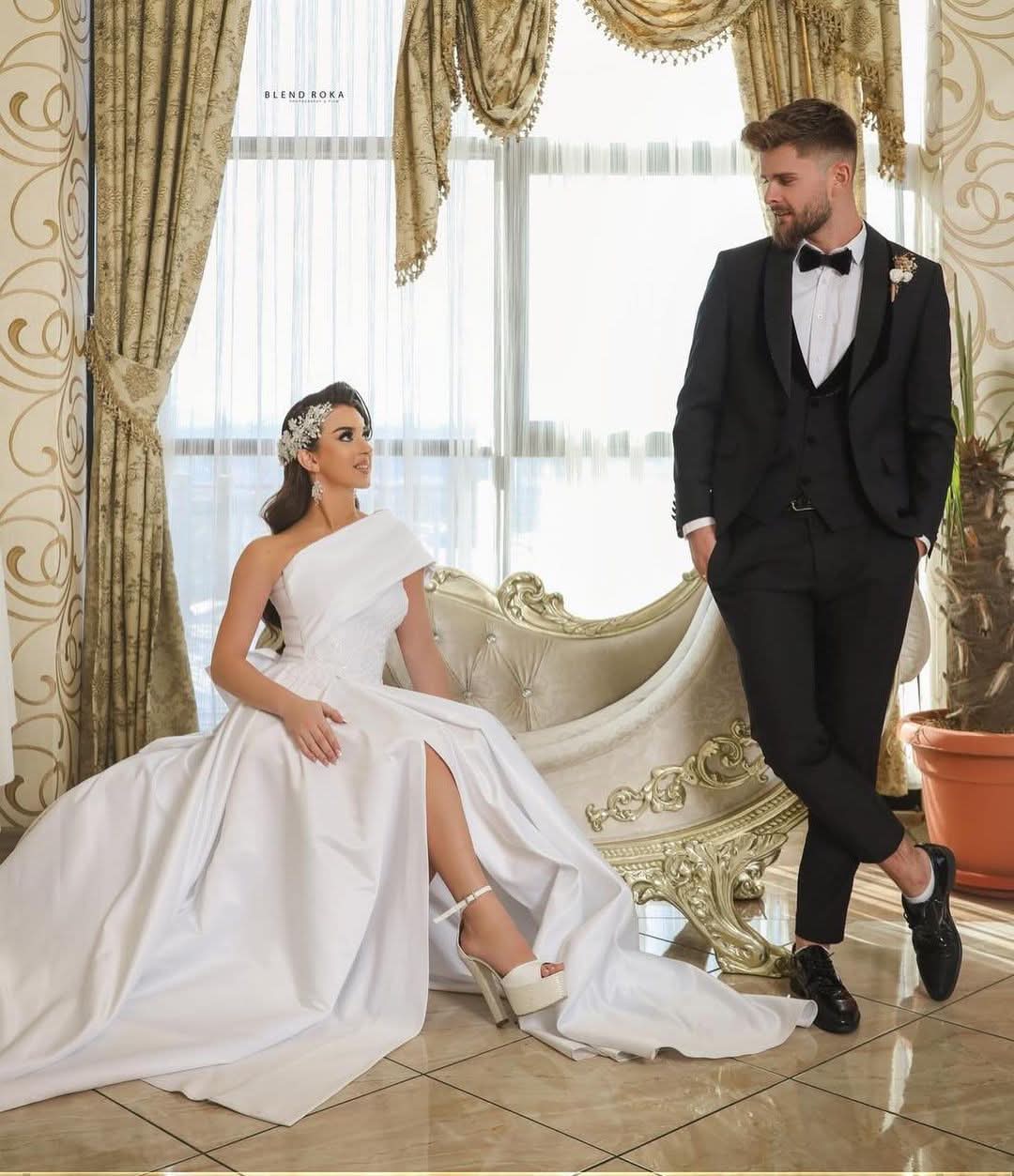 Long Sleeveless A-Line One-Shoulder Satin Wedding Dress with Slit BM bride