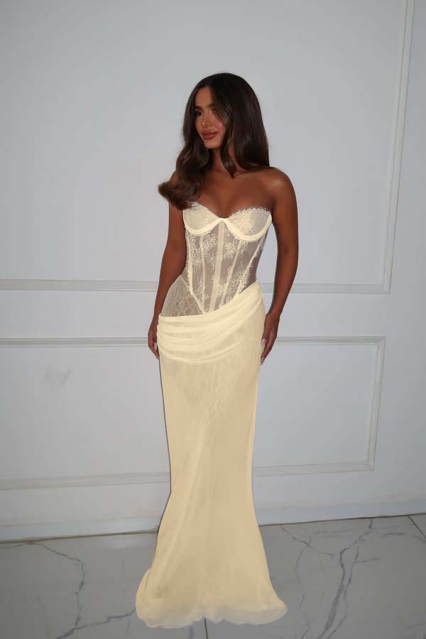 Strapless Sleeveless Long Mermaid Prom Dress With Lace Pleated BMBRIDE