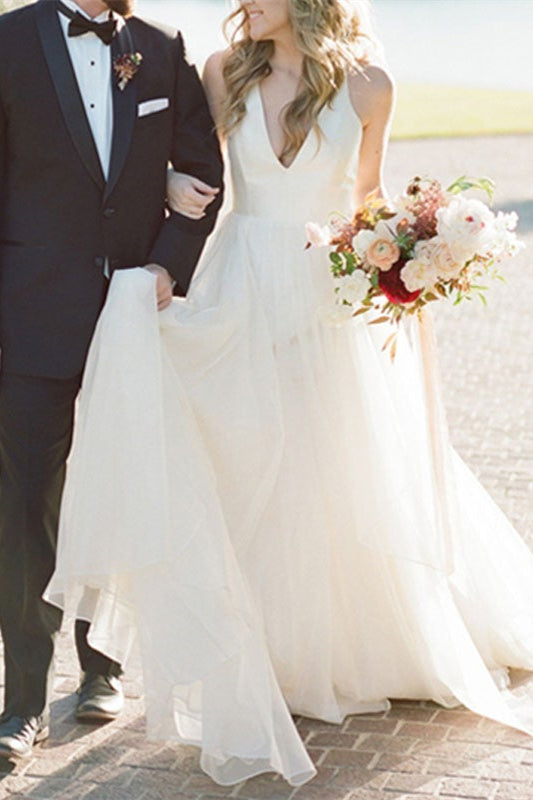 V-Neck Sleeveless Tulle Wedding Dress BM bride