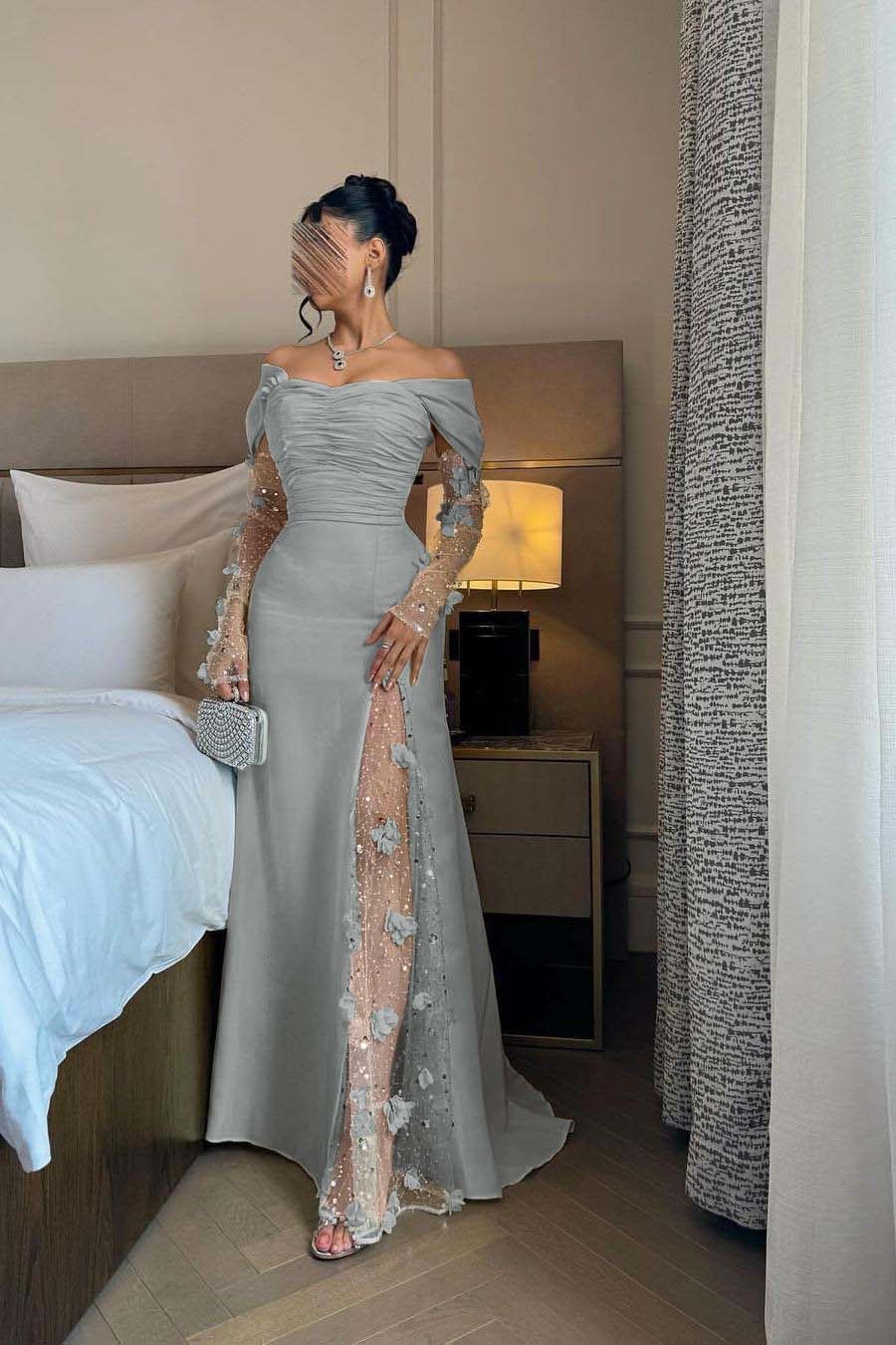 Off the Shoulder Long Sleeves Long Prom Dress With Split Appliques BMBRIDE