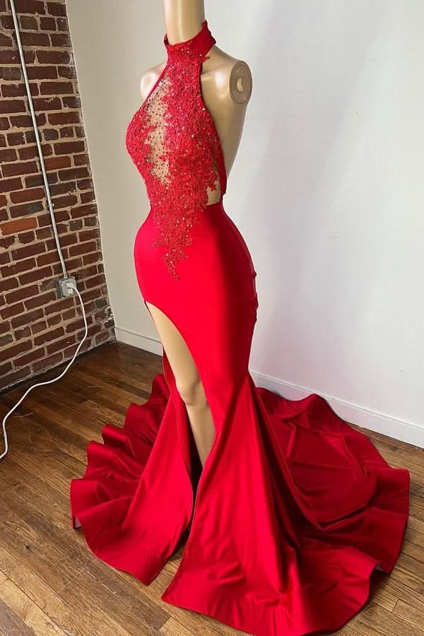 Burgundy Sleeveless Halter Prom Dress with Appliques and Front Slit BM bride