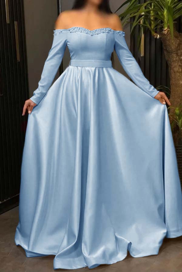 Off the Shoulder Long Sleeves Long Prom Dress With Pleated Beading BMBRIDE