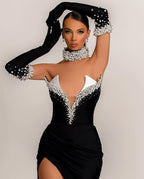 Evening Dress Black V-Neck Halter Half Sleeves Beadings Split BM bride