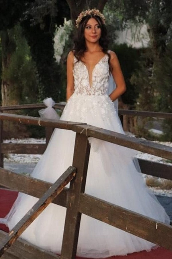 Gorgeous Long A-line V-neck Wedding Dress Tulle Lace With Appliques BM bride