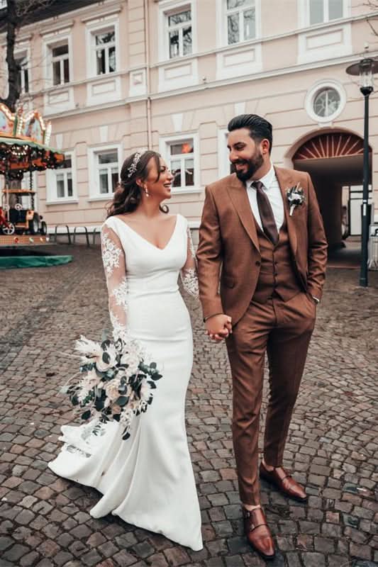 V-Neck Long Sleeve Lace Mermaid Wedding Dress BM bride