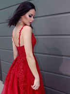 Red Sleeveless Lace Appliqued Prom Dress BM bride