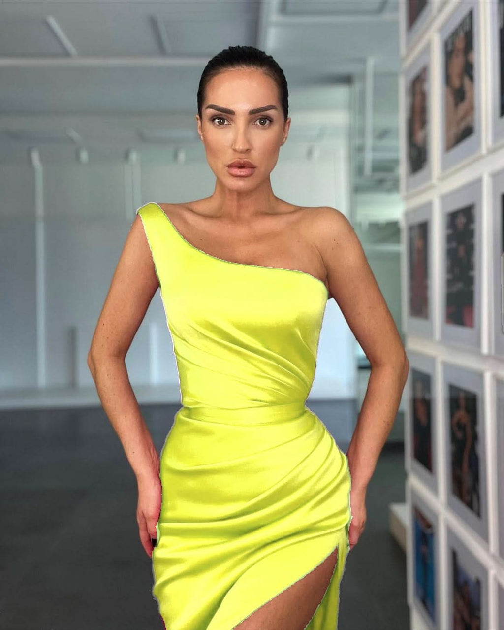 Elegant Rose One Shoulder Evening Dress with Sleeveless and Slit BM bride