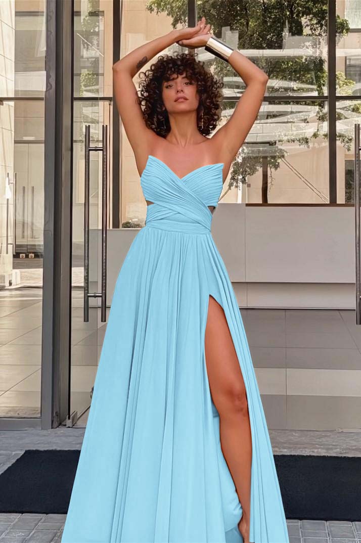 Strapless Sleeveless Long High Split Prom Dress With Pleated BMBRIDE