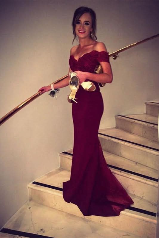 Burgundy Off-the-Shoulder Mermaid Prom Dress BM bride