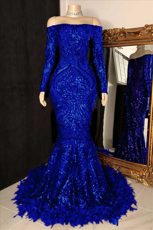 Long Sleeves Strapless Mermaid Prom Dress Sequins Burgundy With Feather BMBRIDE