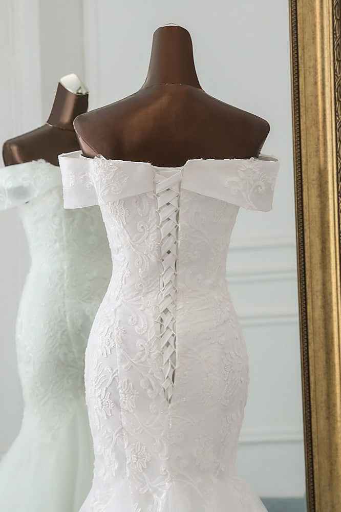 Off-the-Shoulder Long Mermaid Wedding Dress with Tulle Lace BM bride