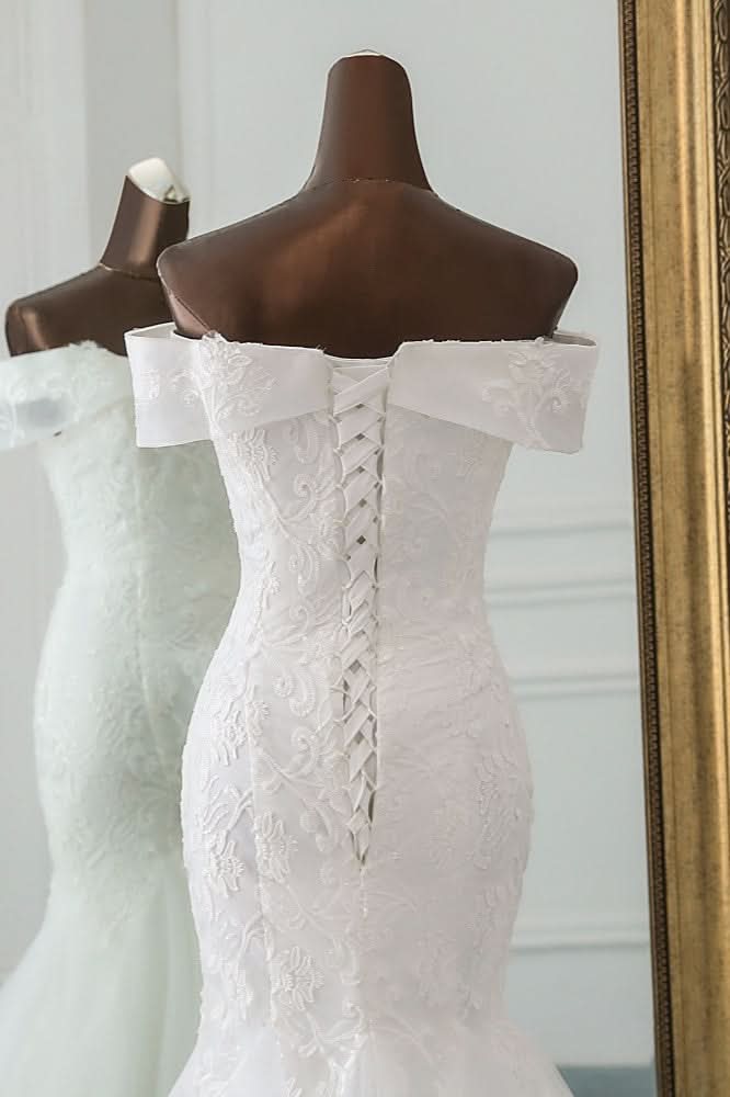 Off-the-Shoulder Long Mermaid Wedding Dress with Tulle and Lace BM bride